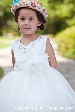 Taffeta and Organza Flower Girl Dress with Handle Flowers and Beading