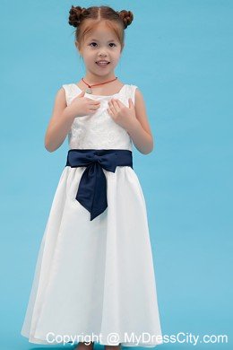 Scoop Ankle-length Taffeta Embroidery Flower Girl Dress with Sash