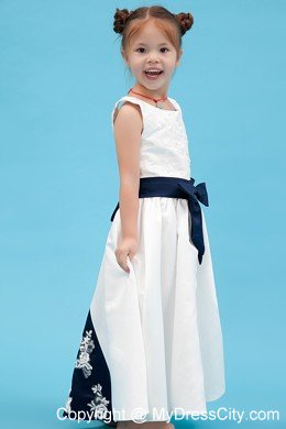 Scoop Ankle-length Taffeta Embroidery Flower Girl Dress with Sash