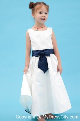 Scoop Ankle-length Taffeta Embroidery Flower Girl Dress with Sash