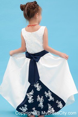 Scoop Ankle-length Taffeta Embroidery Flower Girl Dress with Sash