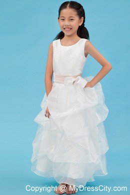 White Scoop Ankle-length Ruched Organza Flower Girl Dress with Sash