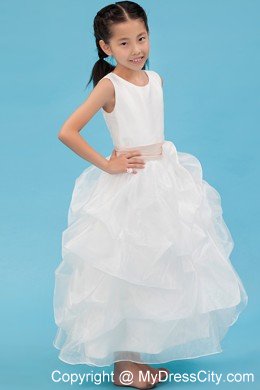 White Scoop Ankle-length Ruched Organza Flower Girl Dress with Sash