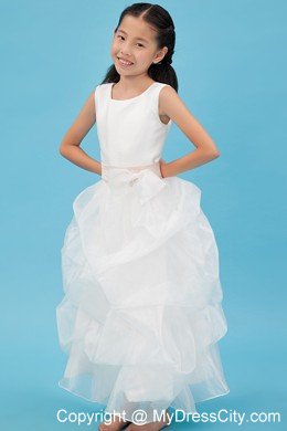 White Scoop Ankle-length Ruched Organza Flower Girl Dress with Sash