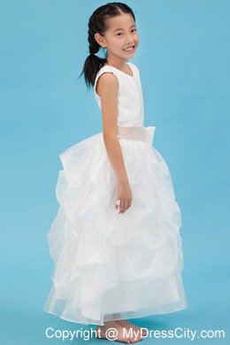 White Scoop Ankle-length Ruched Organza Flower Girl Dress with Sash