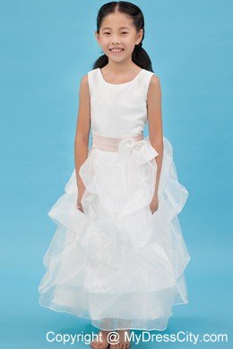 White Scoop Ankle-length Ruched Organza Flower Girl Dress with Sash