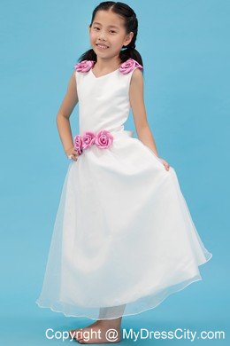 V-neck Ankle-length Organza Flower Girl Dress with Handle Flowers