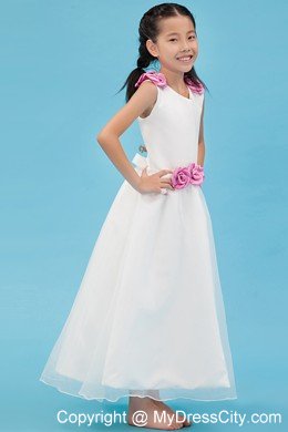 V-neck Ankle-length Organza Flower Girl Dress with Handle Flowers