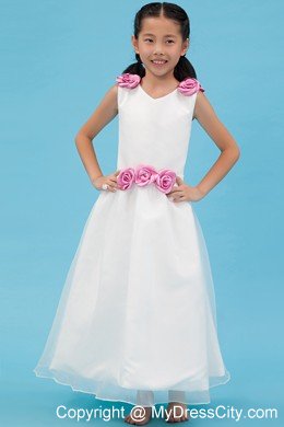 V-neck Ankle-length Organza Flower Girl Dress with Handle Flowers