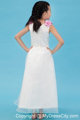 V-neck Ankle-length Organza Flower Girl Dress with Handle Flowers