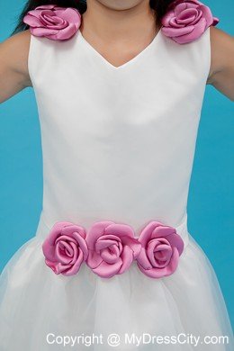 V-neck Ankle-length Organza Flower Girl Dress with Handle Flowers