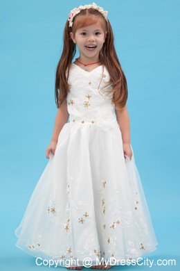 V-neck Floor-length Organza A-line Flower Girl Dress Appliques Accent