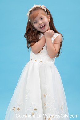 V-neck Floor-length Organza A-line Flower Girl Dress Appliques Accent