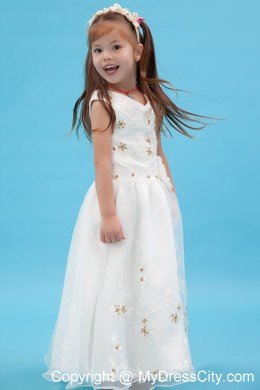 V-neck Floor-length Organza A-line Flower Girl Dress Appliques Accent