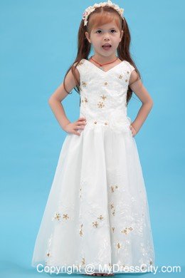 V-neck Floor-length Organza A-line Flower Girl Dress Appliques Accent