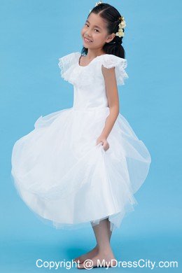 White A-line Scoop Ankle-length Flower Girl Dress in Tulle and Lace