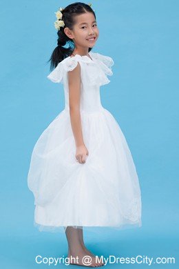 White A-line Scoop Ankle-length Flower Girl Dress in Tulle and Lace