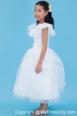 White A-line Scoop Ankle-length Flower Girl Dress in Tulle and Lace