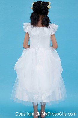 White A-line Scoop Ankle-length Flower Girl Dress in Tulle and Lace