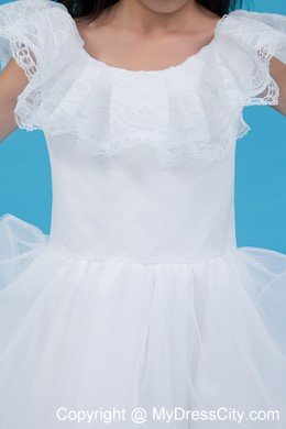 White A-line Scoop Ankle-length Flower Girl Dress in Tulle and Lace