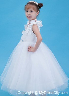 A-line V-neck Hand Made Flowers Flower Girl Dress in Ankle-length