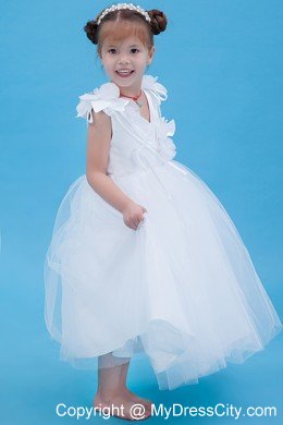 A-line V-neck Hand Made Flowers Flower Girl Dress in Ankle-length