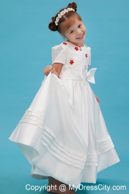 White Sash and Bow Decorate Flower Girl Dress with Short Sleeves