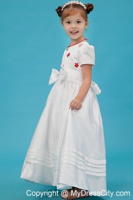 White Sash and Bow Decorate Flower Girl Dress with Short Sleeves