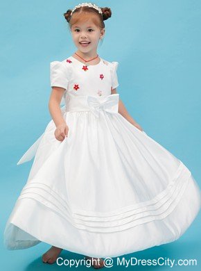 White Sash and Bow Decorate Flower Girl Dress with Short Sleeves