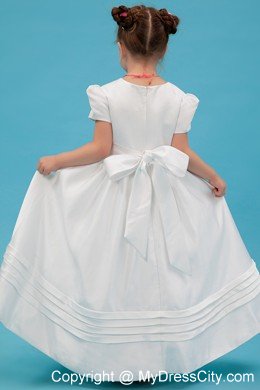 White Sash and Bow Decorate Flower Girl Dress with Short Sleeves