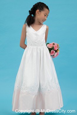 A-line V-neck Appliques Accent Flower Girl Dress in Ankle-length