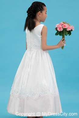 A-line V-neck Appliques Accent Flower Girl Dress in Ankle-length