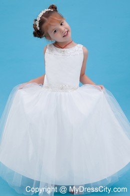 White A-line Scoop Floor-length Flower Girl Dress with Beading