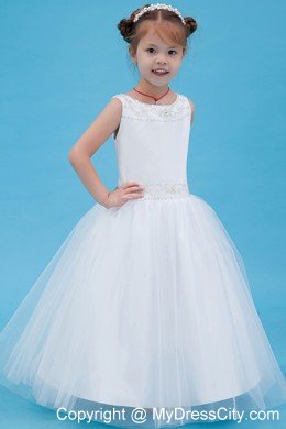 White A-line Scoop Floor-length Flower Girl Dress with Beading