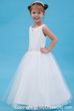 White A-line Scoop Floor-length Flower Girl Dress with Beading