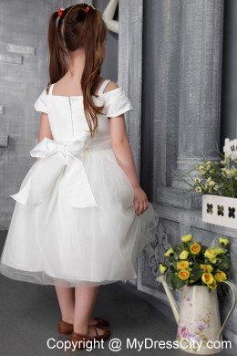 A-line Tea-length Flowers Decorate Flower Girl Dress Square Neckline