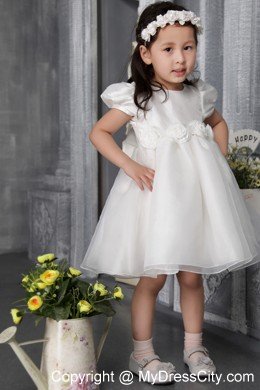 Scoop and Cap Sleeves Decorate Tea-length Flower Girl Dress with Flowers