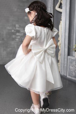 Scoop and Cap Sleeves Decorate Tea-length Flower Girl Dress with Flowers