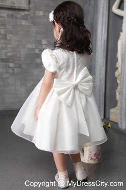 Scoop and Cap Sleeves Decorate Tea-length Flower Girl Dress with Flowers