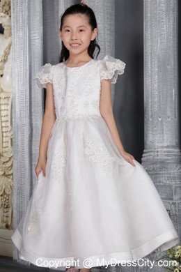 A-line Ankel-length with Scoop Lace Flower Girl Dress With Cap Sleeves