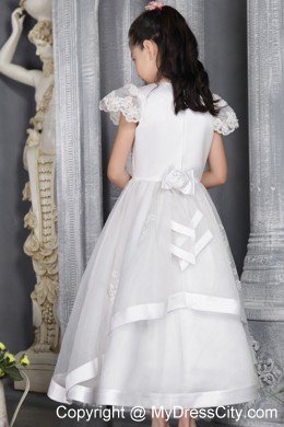 A-line Ankel-length with Scoop Lace Flower Girl Dress With Cap Sleeves