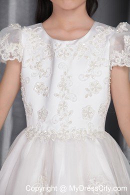 A-line Ankel-length with Scoop Lace Flower Girl Dress With Cap Sleeves