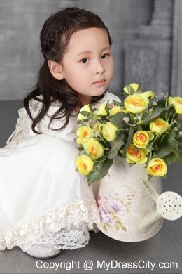 Off White A-line Scoop Tea-length Flower Girl Dress Beading Decorate