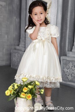 Off White A-line Scoop Tea-length Flower Girl Dress Beading Decorate