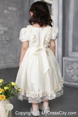 Off White A-line Scoop Tea-length Flower Girl Dress Beading Decorate