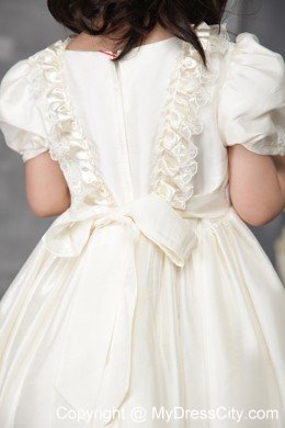 Off White A-line Scoop Tea-length Flower Girl Dress Beading Decorate