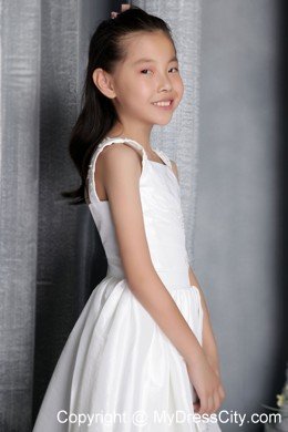 White Sheath Square Neckline Flower Girl Dress Appliques Decorate