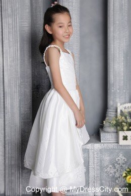 White Sheath Square Neckline Flower Girl Dress Appliques Decorate