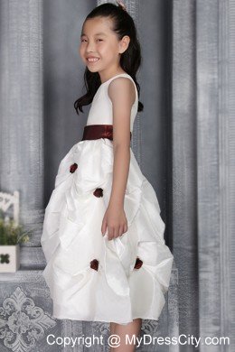 White A-line Scoop Tea-length Flower Girl Dress with Belt and Appliques