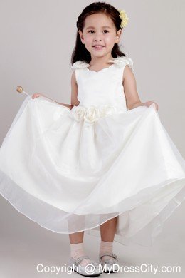 White Ankle-length with Straps Flower Girl Dress Flowers Accented